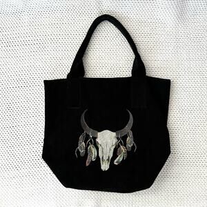 Vimoda Paris Black Soft Raw Leather Open Tote Bull Skull Feathers Boho Flowers